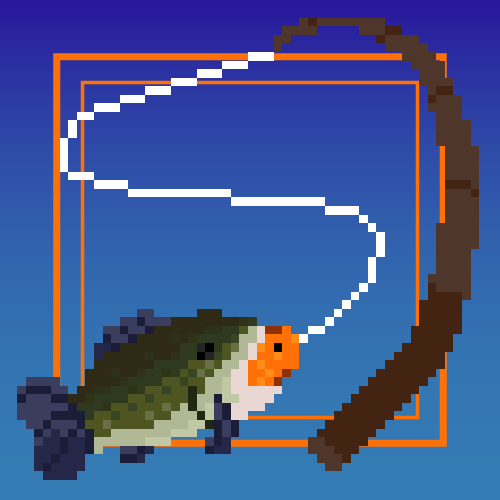 Image of two pixel art fish on a fishing pole.